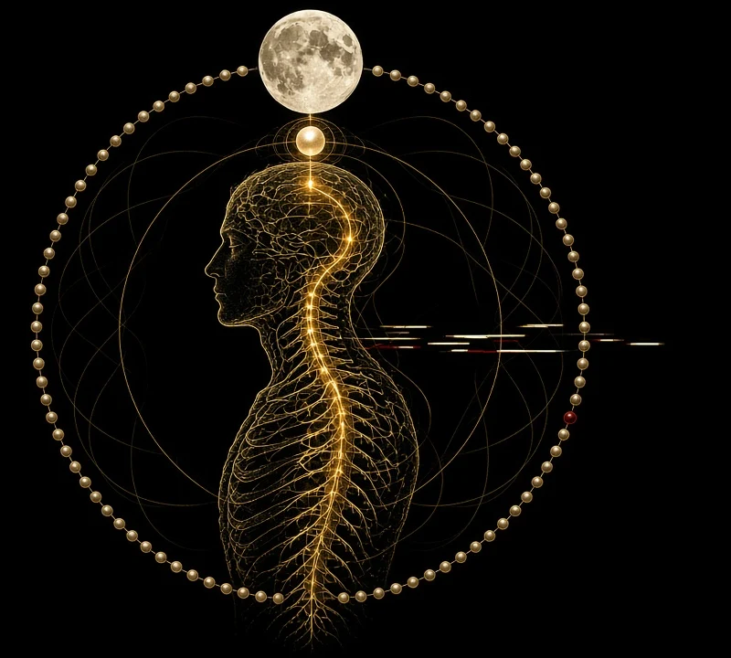Gold line art of a figure in profile, a bright spine, and a ring of sixty beads under a full moon