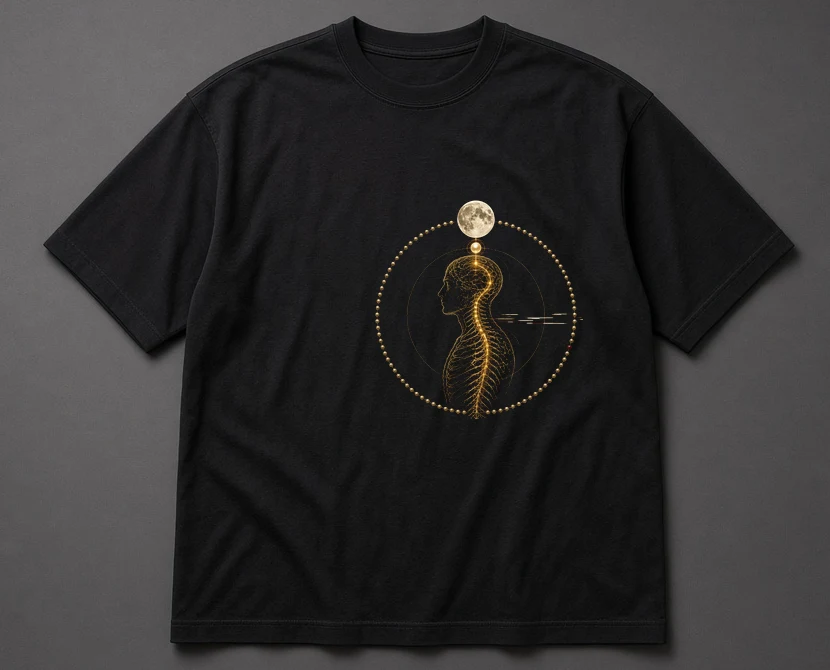 Black boxy tee with the gold Microcosmic Pearl print on the left chest